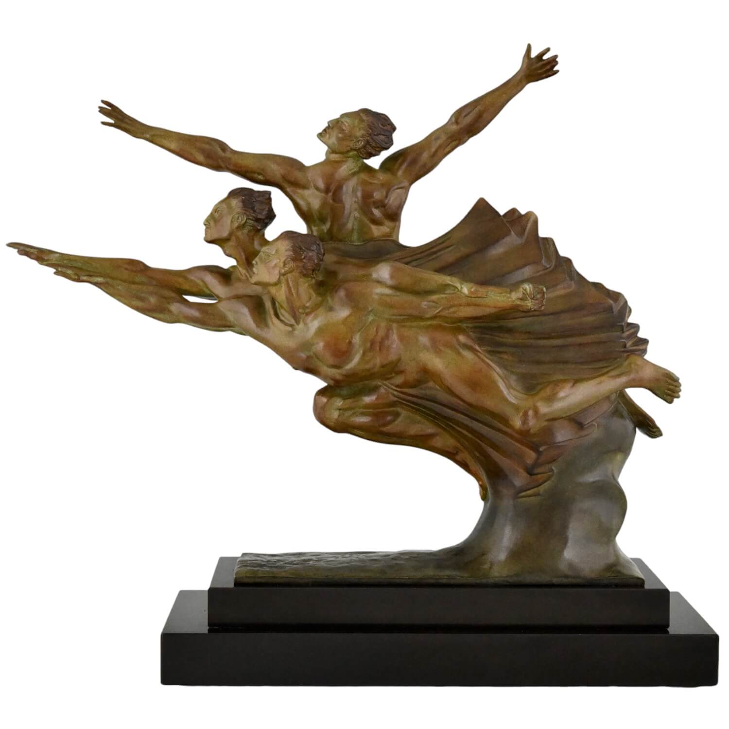 Robert Delandre Art Deco bronze sculpture 3 athletes speed - 1-Deconamic