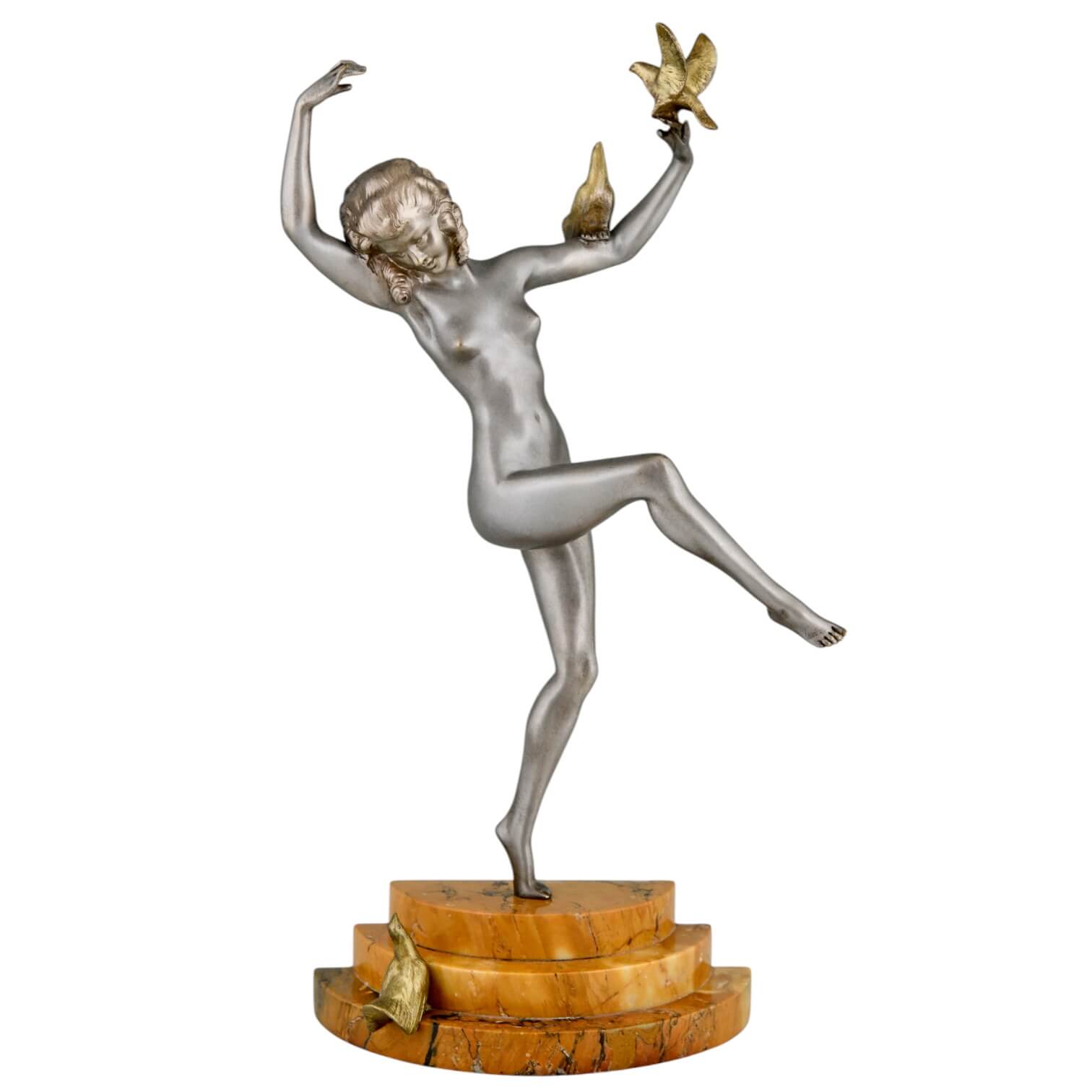 Marcel Bouraine Matto Art Deco bronze nude with doves - 1-Deconamic